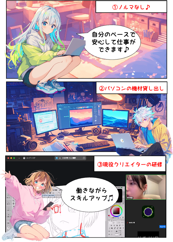 パソコンの貸し出しや現役クリエイターの研修など、自分のスペースで仕事ができる！