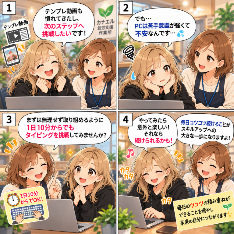 カナエル4コマ「1日10分から!小さな積み重ねが未来を変える✨」