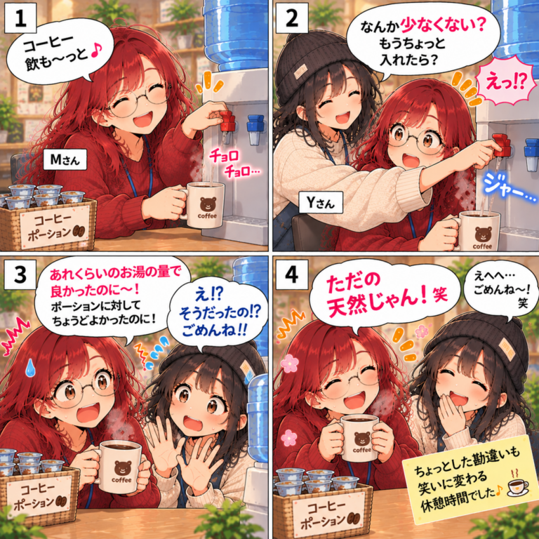 4コマ漫画「コーヒーの量はどれくらい？ちょっとした勘違いから生まれた笑顔♪」
